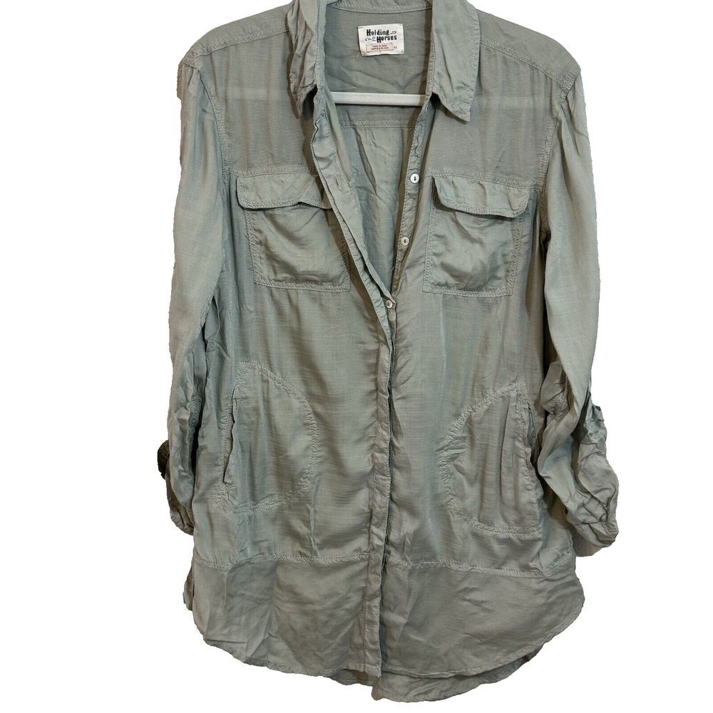 Holding Horses Anthropologie Sunwashed Tunic Green Button Down XSmall Lagenlook